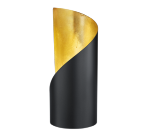 De REALITY Tafellamp FRANK is een moderne cilindervormige lamp met een matzwarte buitenkant die spiraalsgewijs omhoog loopt en een warme goudmetallic binnenkant onthult voor een verbeterde lichtreflectie.