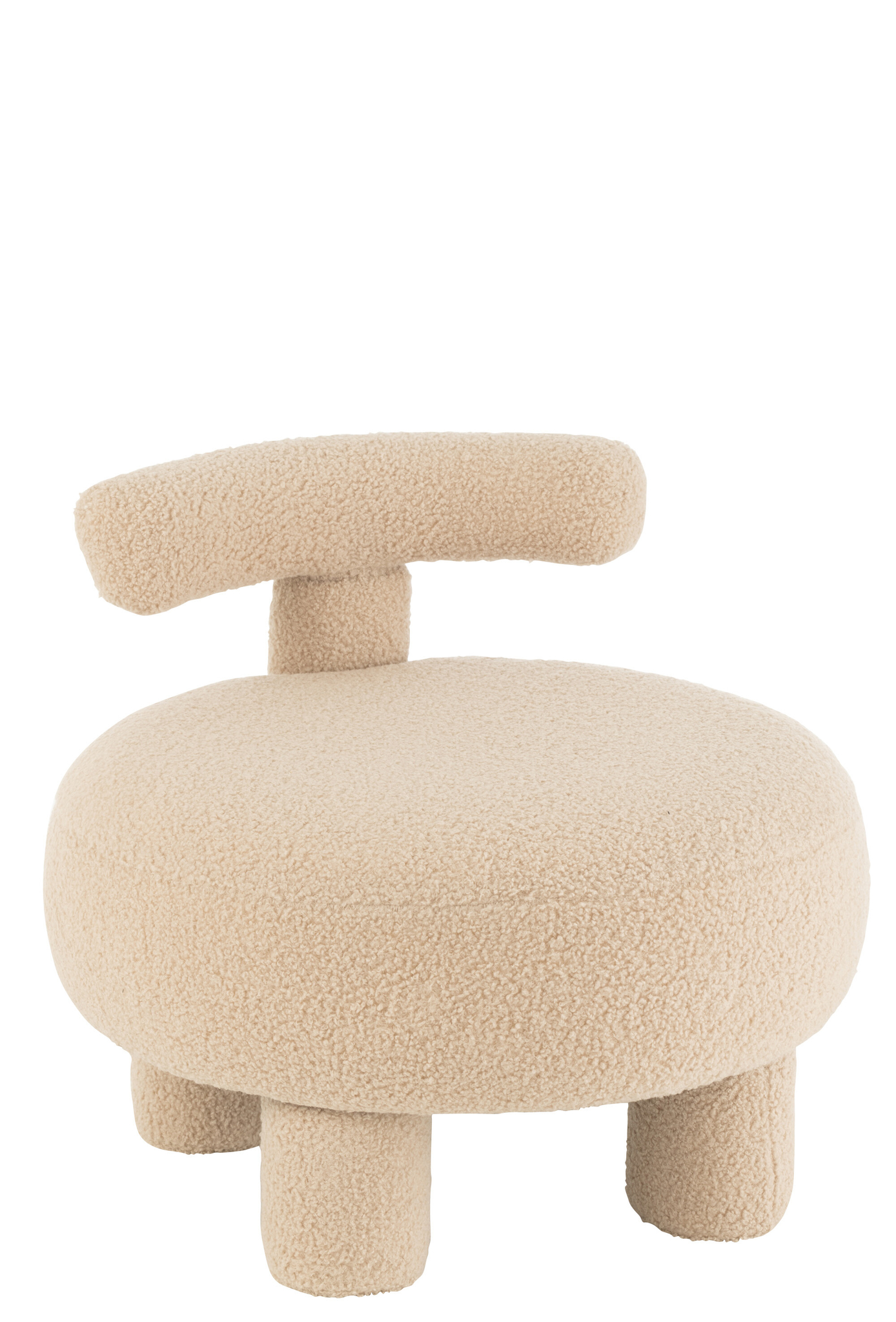 De Kruk Rond Stoelleuning Bouclé Beige is een moderne loungestoel met een ronde zitting, vijf korte cilindervormige poten en een enkele gebogen rugleuning, allemaal bekleed met zachtbeige boucléstof.