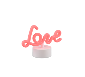 De REALITY Tafellamp AMOR is een roze neonlamp in de vorm van het woord 'Amor', gemonteerd op een kleine ronde witte voet, afgebeeld tegen een witte achtergrond.