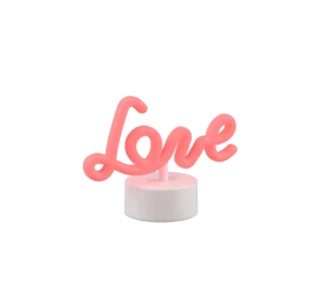 De REALITY Tafellamp AMOR is een roze neonlamp in de vorm van het woord 'Amor', gemonteerd op een kleine ronde witte voet, afgebeeld tegen een witte achtergrond.