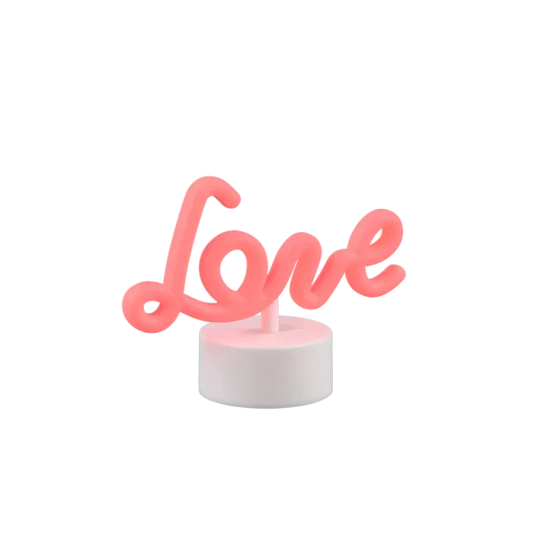 De REALITY Tafellamp AMOR is een roze neonlamp in de vorm van het woord 'Amor', gemonteerd op een kleine ronde witte voet, afgebeeld tegen een witte achtergrond.