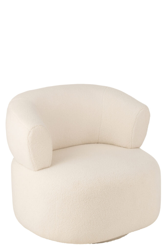De Lounge Seat Universe Wit Schuim/Stof is een moderne, pluche ronde loungestoel met zachte, gebroken witte stof, een gebogen rugleuning en een armleuning aan één kant.