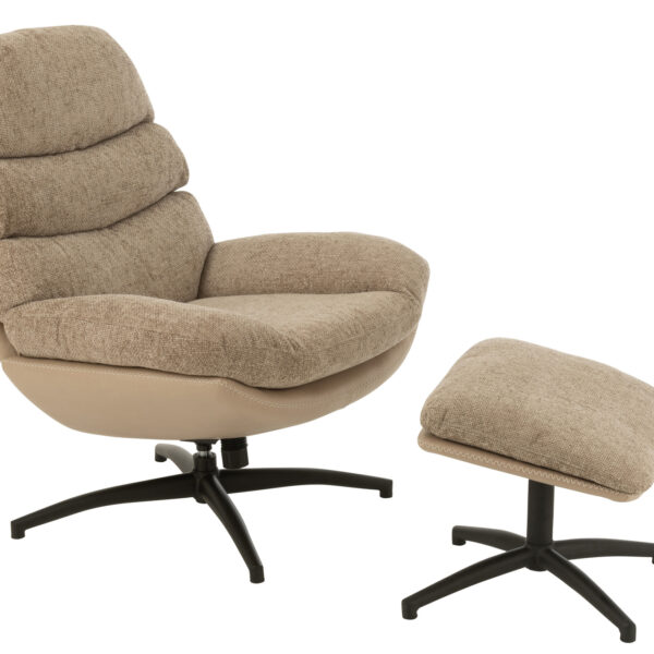 De Relaxbank + Voetenbank Metaal Donkergrijs is een donkergrijze draaifauteuil met kussens en een bijpassende voetenbank, beide met een zwart metalen onderstel en een witte achtergrond.