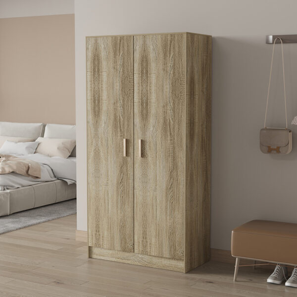Een moderne slaapkamer met een bed, SALE - Opbergkast 'Space' 2 deuren en 4 legplanken Sonoma, bank, wandhaken met een tas en jas, en neutrale inrichting. Een lichte houten vloer en zachte verlichting zorgen voor extra gezelligheid.