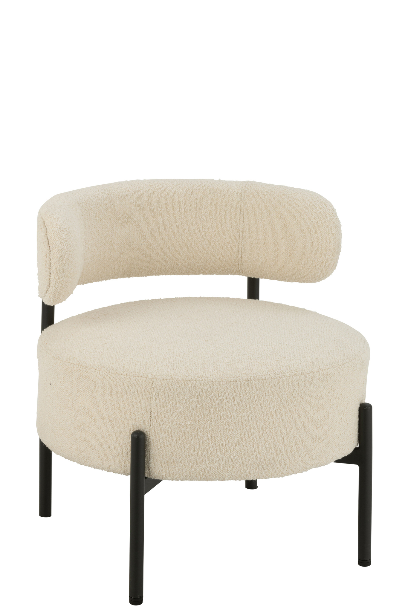 De Lounge Chair Bouclé Wit/Zwart Modern heeft een ronde, crème bouclé gestoffeerde zitting, een gebogen rugleuning en vier stevige zwarte metalen poten - perfect om een stijlvol modern accent toe te voegen aan elke ruimte.