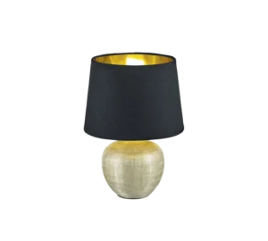 De REALITY Tafellamp LUXOR heeft een ronde metalen voet met textuur en een brede zwarte lampenkap met een gouden binnenkant voor warm licht. De lamp is geïsoleerd afgebeeld op een witte achtergrond.