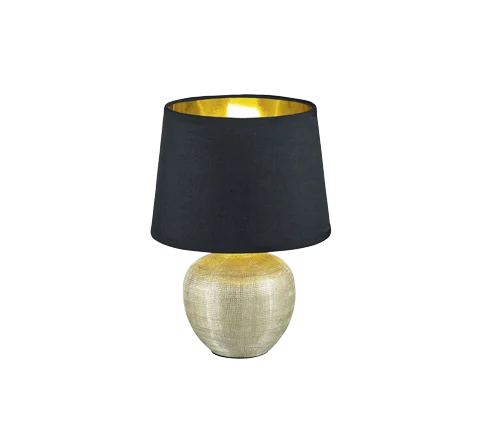 De REALITY Tafellamp LUXOR heeft een ronde metalen voet met textuur en een brede zwarte lampenkap met een gouden binnenkant voor warm licht. De lamp is geïsoleerd afgebeeld op een witte achtergrond.