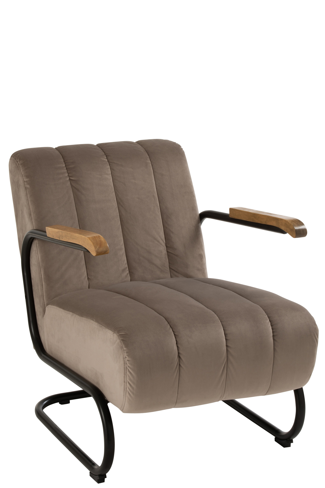 De Zit Relax 1 Persoon Grijs Textiel is een moderne fauteuil met een zachtgrijze textielen zitting en rugleuning, een zwart metalen frame, houten armleuningen en een breed, laag profiel met licht gebogen poten.