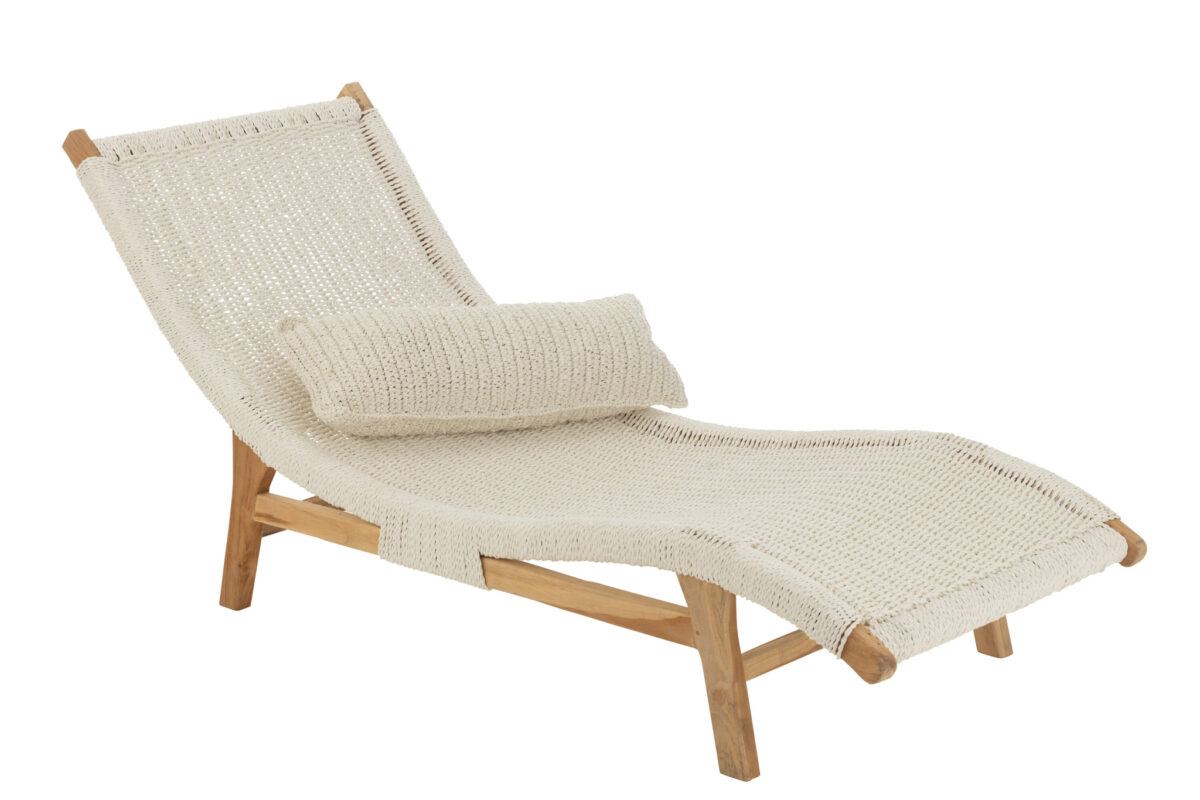 Ligstoel + Kussen Wit Plastic/Teak - Afbeelding 1