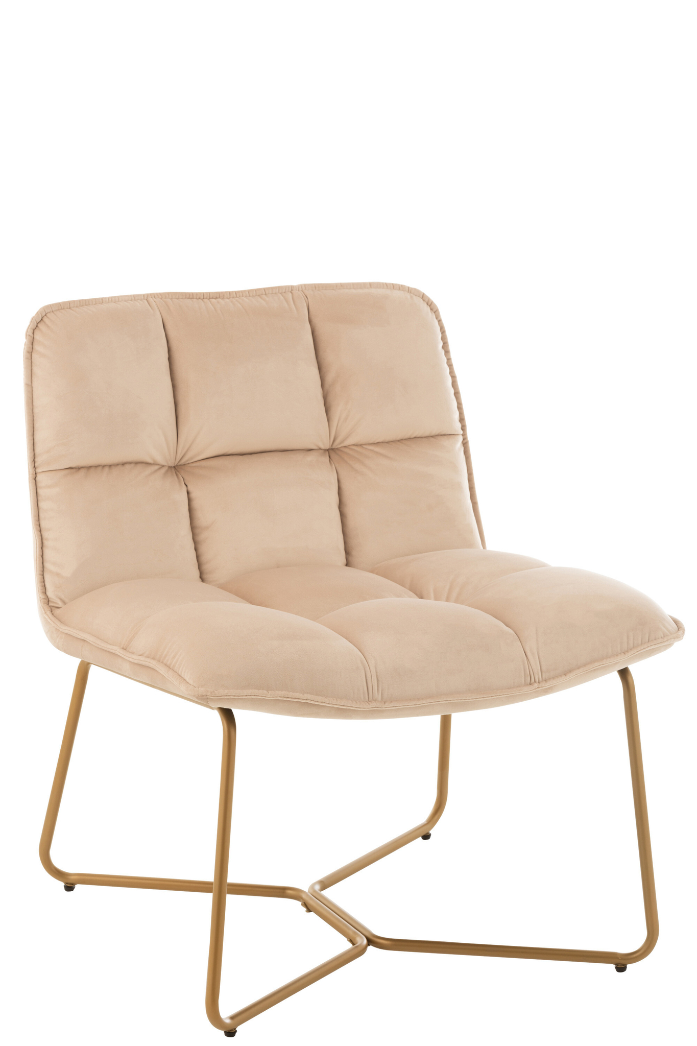 De Ligstoel Lisa Beige Metaal/Textiel is een moderne accentstoel met een pluche, getuft beige kussen en slanke, goudkleurige metalen poten, die een minimalistisch design uitstralen.