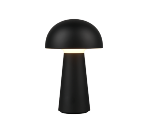 De REALITY Tafellamp LENNON is een moderne zwarte tafellamp met een koepelvormige kap en kegelvormige voet, die zacht warm licht uitstraalt en een stijlvol paddenstoel-geïnspireerd ontwerp heeft.