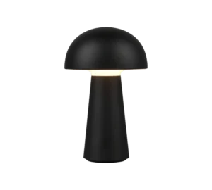 De REALITY Tafellamp LENNON is een moderne zwarte tafellamp met een koepelvormige kap en kegelvormige voet, die zacht warm licht uitstraalt en een stijlvol paddenstoel-geïnspireerd ontwerp heeft.