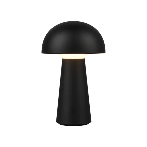 De REALITY Tafellamp LENNON is een moderne zwarte tafellamp met een koepelvormige kap en kegelvormige voet, die zacht warm licht uitstraalt en een stijlvol paddenstoel-geïnspireerd ontwerp heeft.