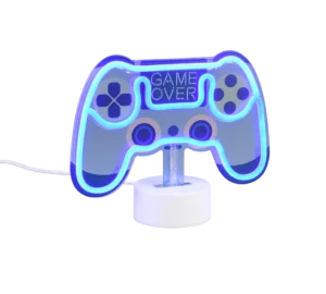 De REALITY Tafellamp CONTROL is een neonlamp in de vorm van een videogamecontroller met blauwe en paarse accenten, met bovenaan "GAME OVER" en op een witte voet.
