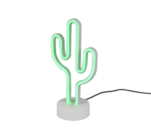 De REALITY Tafellamp CACTUS is een neonlamp in de vorm van een gloeiende groene cactus, met een witte ronde voet en een zwart netsnoer.