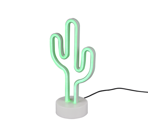De REALITY Tafellamp CACTUS is een neonlamp in de vorm van een gloeiende groene cactus, met een witte ronde voet en een zwart netsnoer.