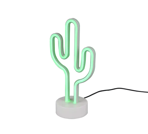 De REALITY Tafellamp CACTUS is een neonlamp in de vorm van een gloeiende groene cactus, met een witte ronde voet en een zwart netsnoer.