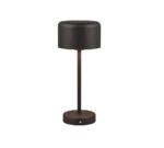 De REALITY Tafellamp JEFF is een moderne zwarte tafellamp met een cilindrische voet, slanke verticale steel, ronde platte lampenkap, minimalistisch design en een kleine knop op de voet.