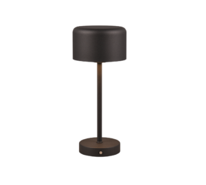 De REALITY Tafellamp JEFF is een moderne zwarte tafellamp met een cilindrische voet, slanke verticale steel, ronde platte lampenkap, minimalistisch design en een kleine knop op de voet.