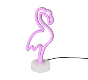 De REALITY Tafellamp FLAMINGO is een roze neonlamp in de vorm van een flamingo, staande op een witte ronde voet met een zwart netsnoer.