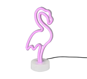 De REALITY Tafellamp FLAMINGO is een roze neonlamp in de vorm van een flamingo, staande op een witte ronde voet met een zwart netsnoer.