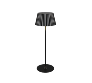 De REALITY Tafellamp SUAREZ is een moderne zwarte vloerlamp met een geplooide lampenkap en ronde voet, afgebeeld tegen een witte achtergrond.