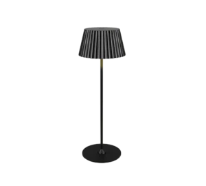 De REALITY Tafellamp SUAREZ is een moderne zwarte vloerlamp met een geplooide lampenkap en ronde voet, afgebeeld tegen een witte achtergrond.