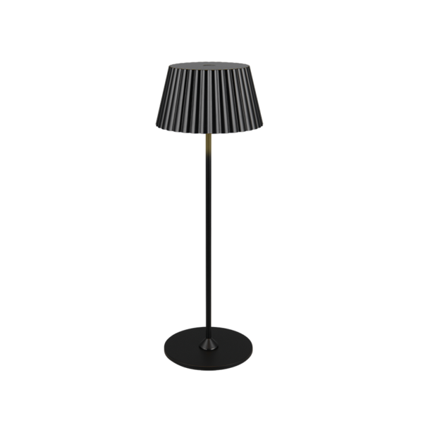 De REALITY Tafellamp SUAREZ is een moderne zwarte vloerlamp met een geplooide lampenkap en ronde voet, afgebeeld tegen een witte achtergrond.