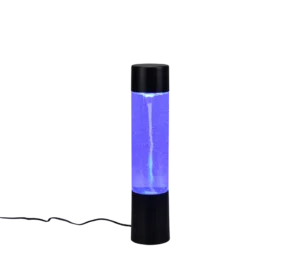 De REALITY Tafellamp TORNADO is een cilindervormige lamp met een zwarte voet en bovenkant, borrelend water verlicht door blauw licht en een zwart netsnoer dat uit de zijkant steekt.