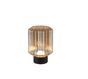 De REALITY Tafellamp LORD heeft een modern ontwerp met een cilindrische geribbelde glazen kap, zwarte ronde voet en straalt een warm licht uit.