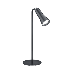 De Reality Tafellamp i is een moderne zwarte bureaulamp met een ronde voet, slanke staande voet en naar beneden gerichte kegelvormige kap. Het minimalistische ontwerp voegt een eigentijds tintje toe aan elke ruimte.