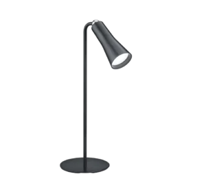 De Reality Tafellamp i is een moderne zwarte bureaulamp met een ronde voet, slanke staande voet en naar beneden gerichte kegelvormige kap. Het minimalistische ontwerp voegt een eigentijds tintje toe aan elke ruimte.
