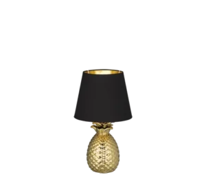 De REALITY Tafellamp PINEAPPLE heeft een gouden, ananasvormige voet in combinatie met een brede, zwarte lampenkap.