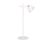 De REALITY Tafellamp MAXIMA is een moderne witte vloerlamp met een ronde voet en verstelbare schuine lampenkap, afgebeeld tegen een effen witte achtergrond.