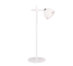 De REALITY Tafellamp MAXIMA is een moderne witte vloerlamp met een ronde voet en verstelbare schuine lampenkap, afgebeeld tegen een effen witte achtergrond.
