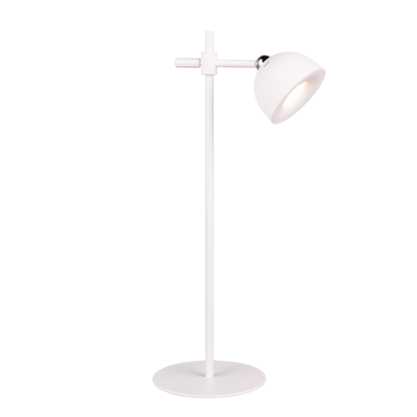 De REALITY Tafellamp MAXIMA is een moderne witte vloerlamp met een ronde voet en verstelbare schuine lampenkap, afgebeeld tegen een effen witte achtergrond.