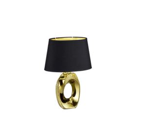 De REALITY Tafellamp TABA is een moderne tafellamp met een glanzend gouden, ovale voet met een centrale uitsparing en een brede zwarte lampenkap.