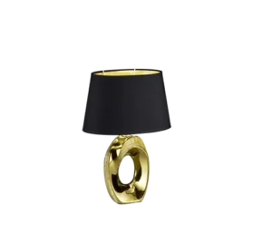 De REALITY Tafellamp TABA is een moderne tafellamp met een glanzend gouden, ovale voet met een centrale uitsparing en een brede zwarte lampenkap.
