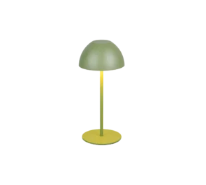 De Reality Tafellamp Ortiz heeft een groene koepelvormige kap, een slanke verticale standaard en een ronde gele voet, die een moderne uitstraling heeft en warm neerwaarts licht werpt.