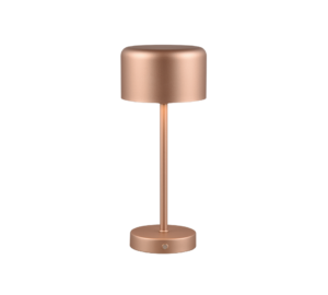 De REALITY Tafellamp JEFF is een moderne cilindervormige tafellamp met een metallic roségouden afwerking, ronde voet, slanke centrale steel en brede platte lampenkap, met een strak en minimalistisch ontwerp.