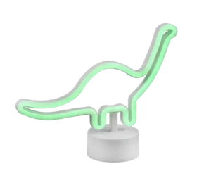 De REALITY Tafellamp BRONTO is een neongroen licht in de vorm van een langnek dinosaurus, gemonteerd op een ronde witte voet.