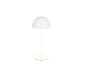 De Reality Tafellamp Ortiz heeft een modern, minimalistisch ontwerp met een ronde witte voet, slanke steel en koepelvormige witte kap. Als hij aanstaat, werpt hij een zacht neerwaarts licht.