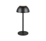 De REALITY Tafellamp RICARDO is een moderne zwarte tafellamp met een koepelvormige kap, slanke verticale steel en ronde platte voet tegen een effen witte achtergrond.