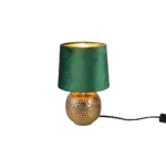 De REALITY Tafellamp SOPHIA heeft een kleine ronde, goudkleurige voet met textuur en een donkergroene fluwelen lampenkap. Wanneer de lamp brandt, geeft ze een warme gloed. Een zwart snoer komt uit de lampvoet.