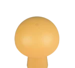 Een gele, paddestoelvormige REALITY Tafellamp LENNON met een gladde, ronde bovenkant en een klein centraal symbool, van bovenaf gezien.