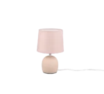 De REALITY Tafellamp MALU heeft een lichtroze lampenkap en een afgeronde lichtbeige keramische voet, met een wit netsnoer. De lamp is geplaatst tegen een effen witte achtergrond.