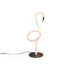 De REALITY Tafellamp INGO is een roze neonlamp in de vorm van een flamingo op een ronde zwarte voet met een netsnoer, tegen een effen witte achtergrond.