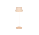 De Reality Tafellamp Suarez is een beige lamp met een ronde voet, slanke stang en geplooide lampenkap, die een zachte gloed uitstraalt.