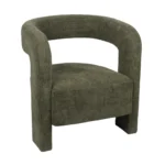 De Fauteuil Numi - Vintage Groen is een moderne accentstoel in olijfgroen met een gebogen rugleuning die de armleuningen vormt, twee brede poten en een strak, minimalistisch ontwerp in structuurstof.