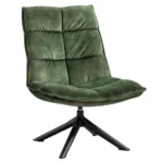 De Fauteuil Lucas - Fluweel Mosgroen is een moderne bureaustoel met groen getufte fluwelen bekleding en een zwart metalen onderstel met vier poten tegen een witte achtergrond.